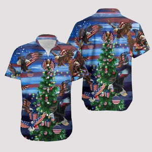 Merry Christmas Hawaiian Shirt America Eagle Colorful Tree Pattern, Hawaiian Shirt Gift, Christmas Gift.