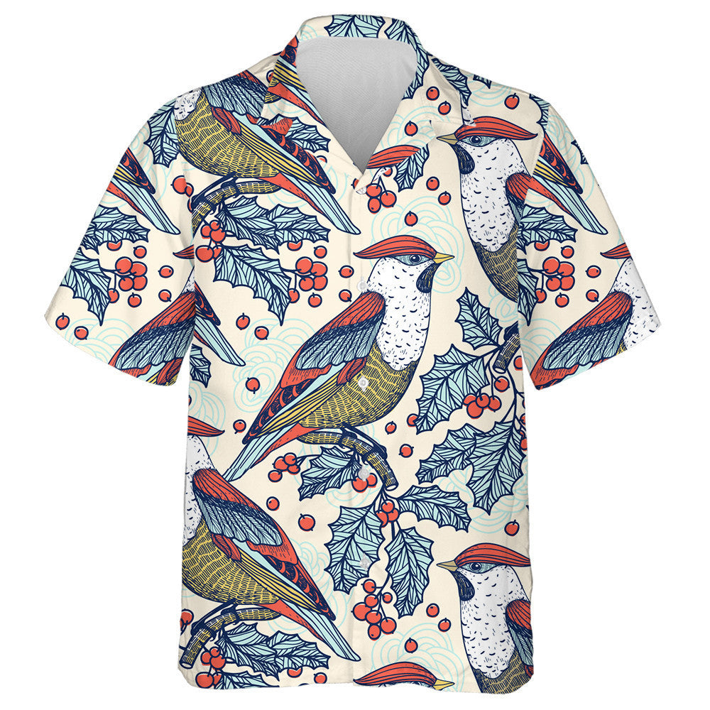 Bird Waxwings And Holly Berries Hawaiian Shirt, Hawaiian For Gift