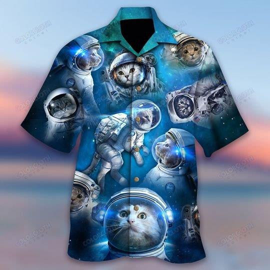 Realistic Cat Astronaut Blue Galaxy Themed Hawaiian Shirt,Hawaiian Shirt Gift, Christmas Gift