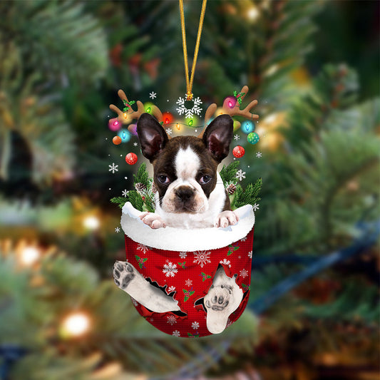 BRINDLE Boston Terrier-In Christmas Pocket Two Sides Christmas Plastic Hanging Ornament, Christmas Ornament Gift, Christmas Gift, Christmas Decoration