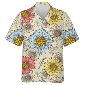 Red Yellow And Blue Sketch Sunflowers And Fern Hawaiian Shirt, Hawaiian Shirt Gift, Christmas Gift