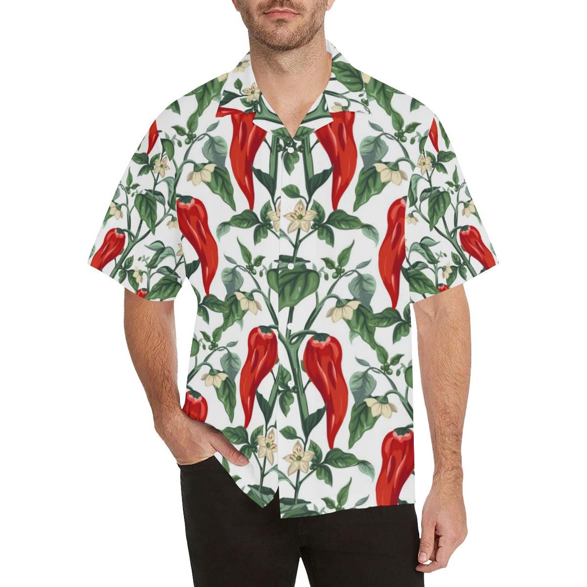 Chili Leaves Flower Pattern Men's All Over Print Hawaiian Aloha Shirt Hawaiian Shorts Beach Short Sleeve_Hawaiian Shirt Gift, Christmas Gift