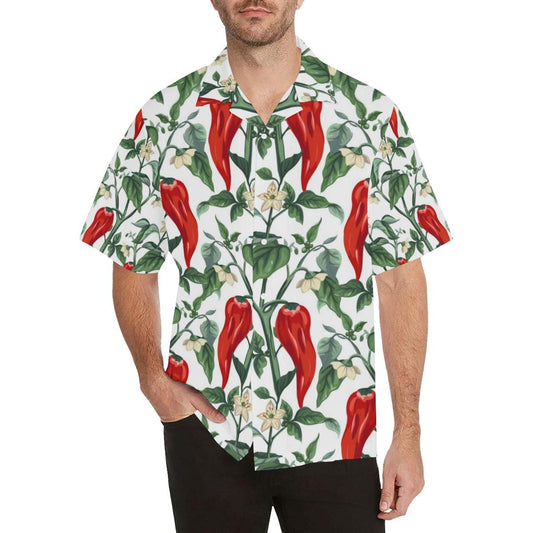 Chili Leaves Flower Pattern Men's All Over Print Hawaiian Aloha Shirt Hawaiian Shorts Beach Short Sleeve_Hawaiian Shirt Gift, Christmas Gift