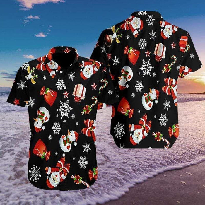 Merry Christmas So Cute Santa Snowman Black Pattern Hawaiian Shirt, Hawaiian Shirt Gift, Christmas Gift