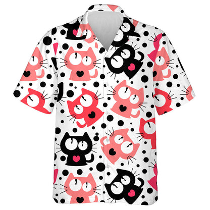 Funny Cartoon Cats On Black Dot Hawaiian Shirt,Hawaiian Shirt Gift, Christmas Gift