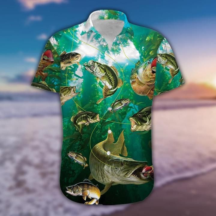 Bass Fishing Hawaiian Aloha Shirt Unisex Shorts Sleeve Colorful Hawaiian Shorts Beach Short Sleeve,Hawaiian Shirt Gift, Christmas Gift