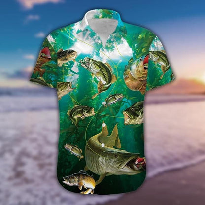 Bass Fishing Hawaiian Aloha Shirt Unisex Shorts Sleeve Colorful Hawaiian Shorts Beach Short Sleeve,Hawaiian Shirt Gift, Christmas Gift