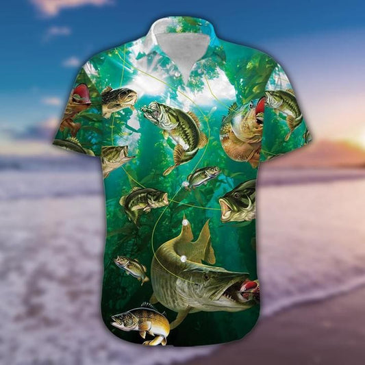 Bass Fishing Hawaiian Aloha Shirt Unisex Shorts Sleeve Colorful Hawaiian Shorts Beach Short Sleeve,Hawaiian Shirt Gift, Christmas Gift