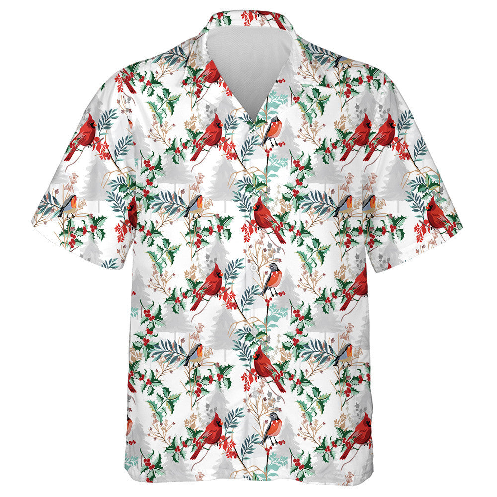 Watercolor Little Red Cardinal Bird And Branch Hawaiian Shirt, Hawaiian Shirt Gift, Christmas Gift