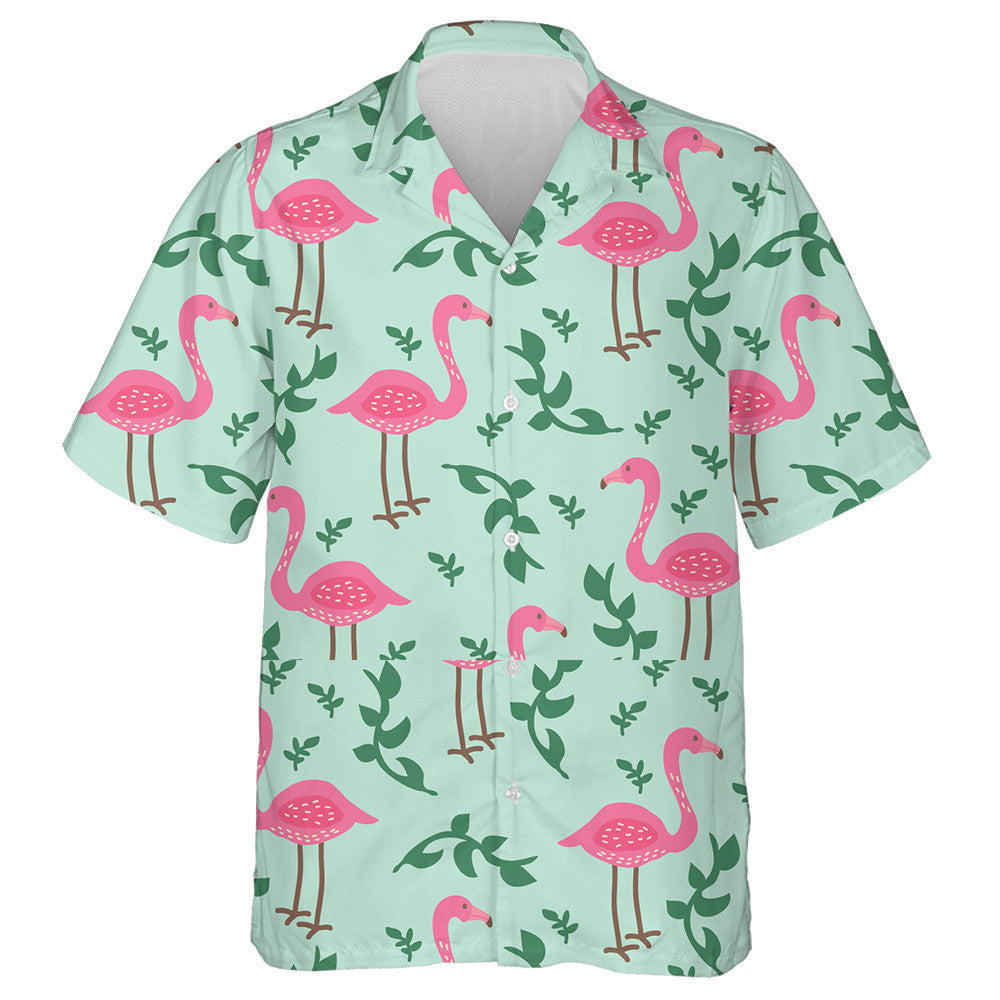 Pink Flamingo With Branch On Green Background Hawaiian Shirt, Hawaiian Shirt Gift, Christmas Gift