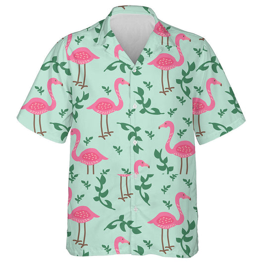 Pink Flamingo With Branch On Green Background Hawaiian Shirt, Hawaiian Shirt Gift, Christmas Gift