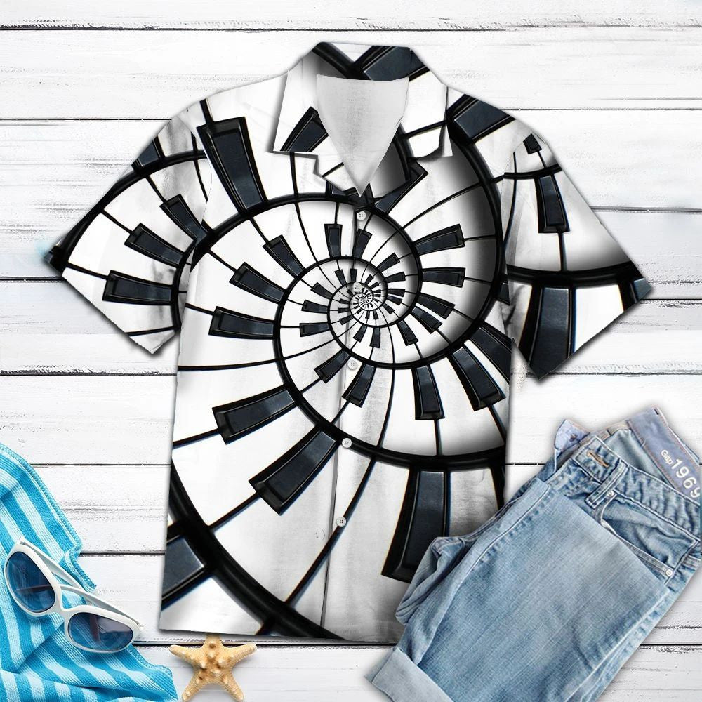 Black And White Fractal Piano Hawaiian Shirt, Hawaiian For Gift