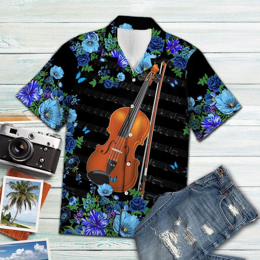 Watercolor Vivid Blue Flower And Violin Pattern Hawaiian Shirt, Hawaiian Shirt Gift, Christmas Gift