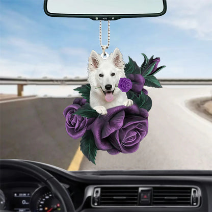 German Shepherd In Purple Rose Car Hanging Ornament, Dog Hanging Ornament For Car, Christmas Decoration