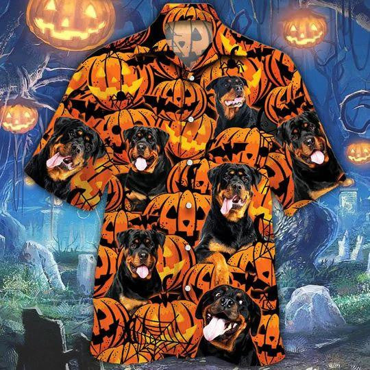 Playful Rottweiler Dog Lover Halloween Pumpkin Hawaiian Shirt,Hawaiian Shirt Gift, Christmas Gift
