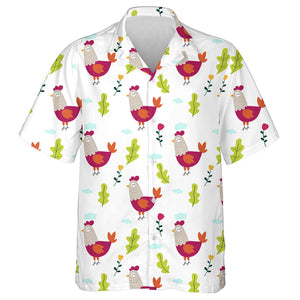 Flowers And Leaves With Funny Chicken Hawaiian Shirt,Hawaiian Shirt Gift, Christmas Gift