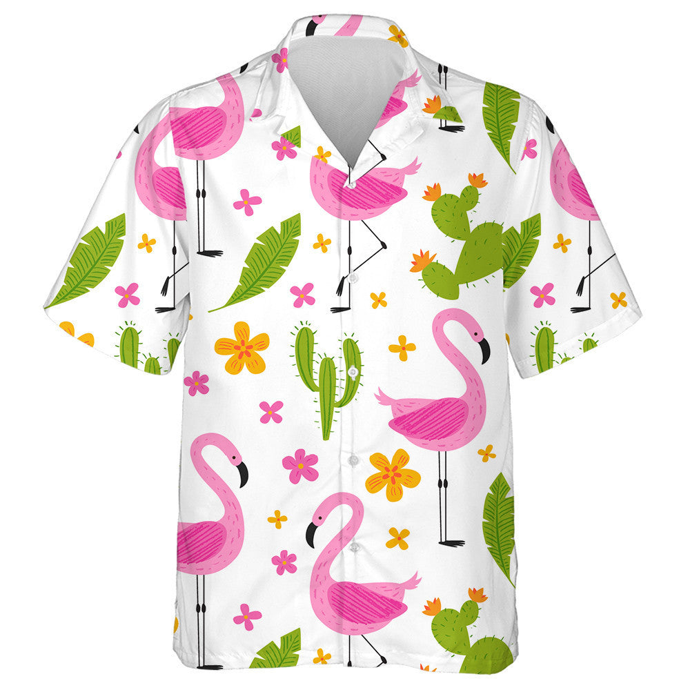 Pink Flamingo Flowers Palm Leaves And Cactus Hawaiian Shirt, Hawaiian Shirt Gift, Christmas Gift