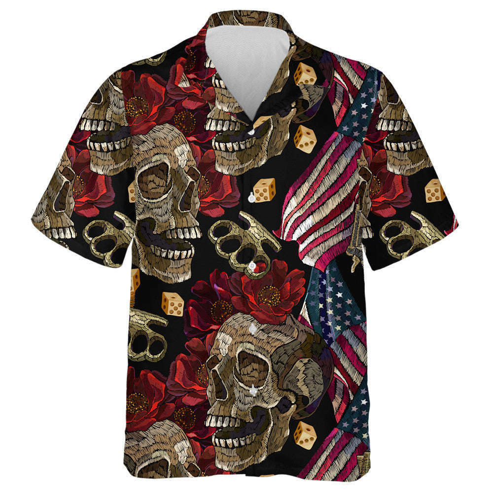 Embroidery Skulls Roses Flowers Brass Knuckles American Flag Hawaiian Shirt, Hawaiian Shirt Gift, Christmas Gift