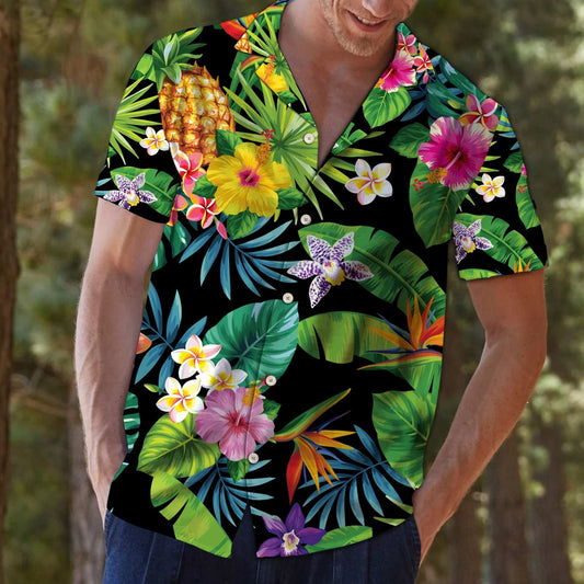 Tropical Pineapple With Different Plants Pattern Hawaiian Shirt,Hawaiian Shirt Gift, Christmas Gift