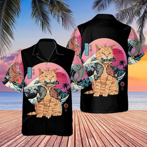 Cute Cat With Samurai Catana Hawaiian Shirt,Hawaiian Shirt Gift, Christmas Gift