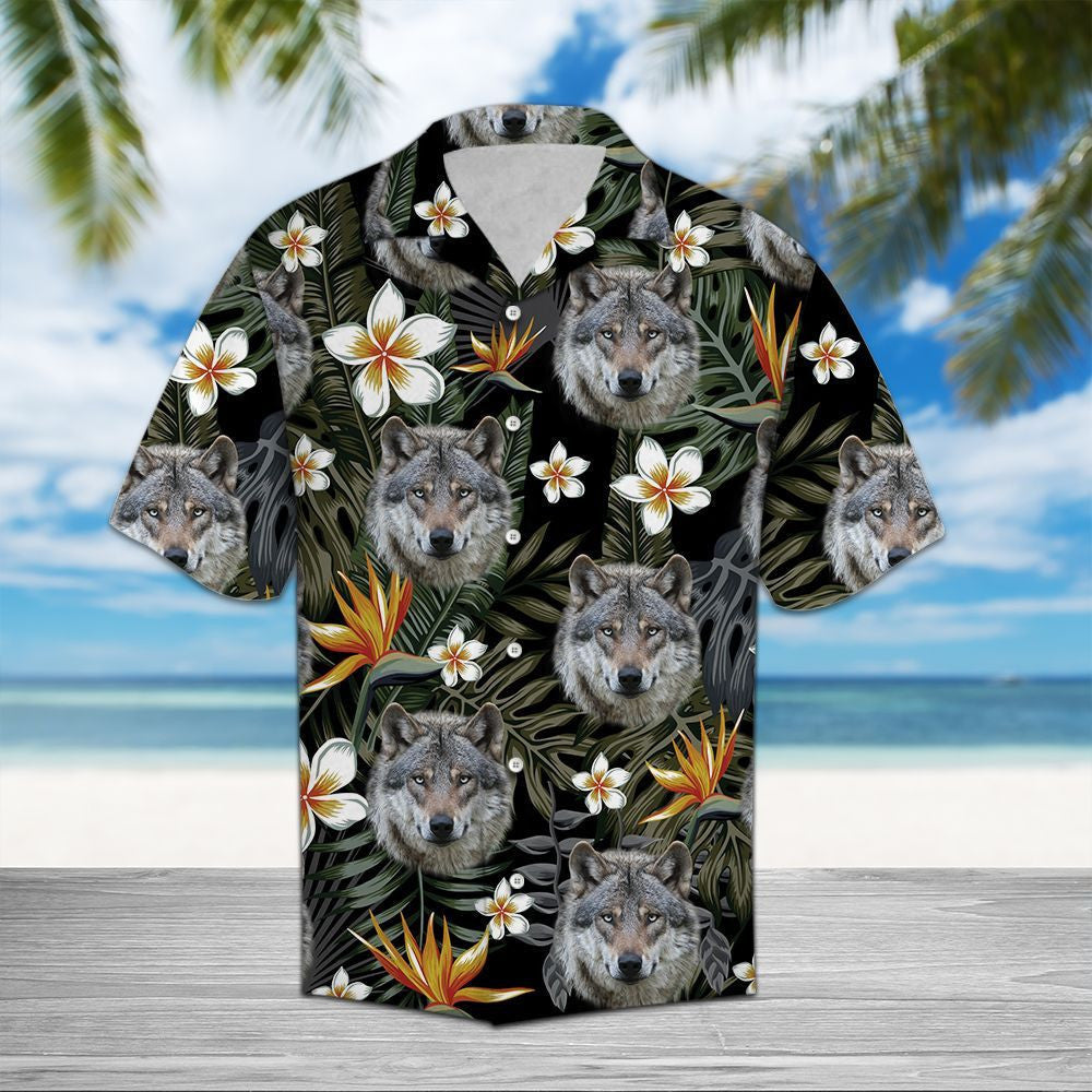 Hawaiian Shirt Wolf Face With Paradise And Plumeria Flowers, Hawaiian Shirt Gift, Christmas Gift
