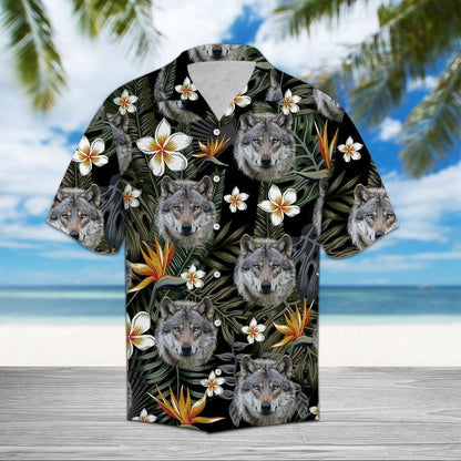 Hawaiian Shirt Wolf Face With Paradise And Plumeria Flowers, Hawaiian Shirt Gift, Christmas Gift