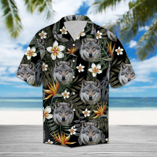 Hawaiian Shirt Wolf Face With Paradise And Plumeria Flowers, Hawaiian Shirt Gift, Christmas Gift