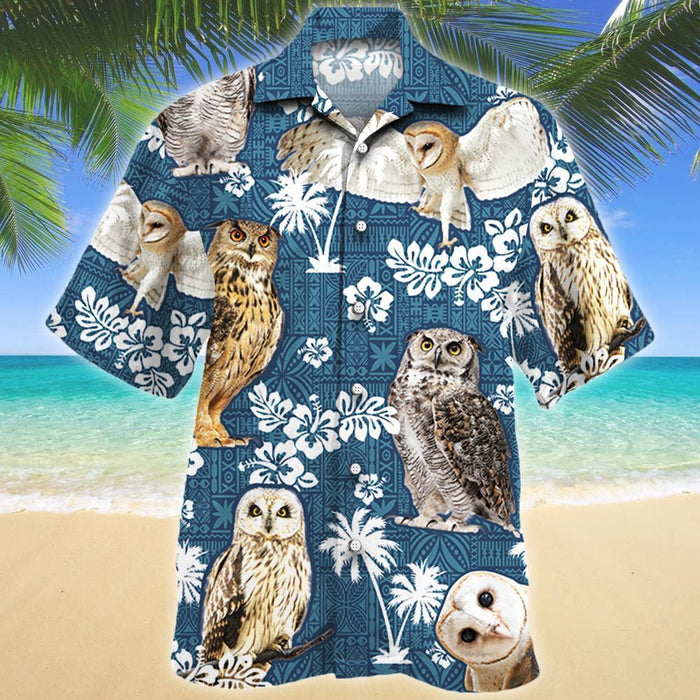 Cute Night Owl On Blue Tribal Pattern Hawaiian Shirt, Hawaiian Shirt Gift, Christmas Gift