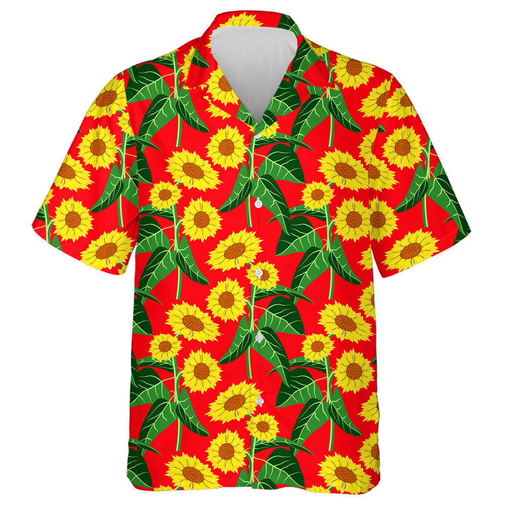 Vivid Sunflower Field On Red Background Ilustration Hawaiian Shirt, Hawaiian Shirt Gift, Christmas Gift
