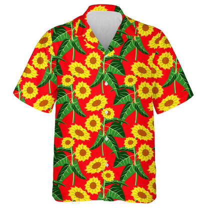 Vivid Sunflower Field On Red Background Ilustration Hawaiian Shirt, Hawaiian Shirt Gift, Christmas Gift