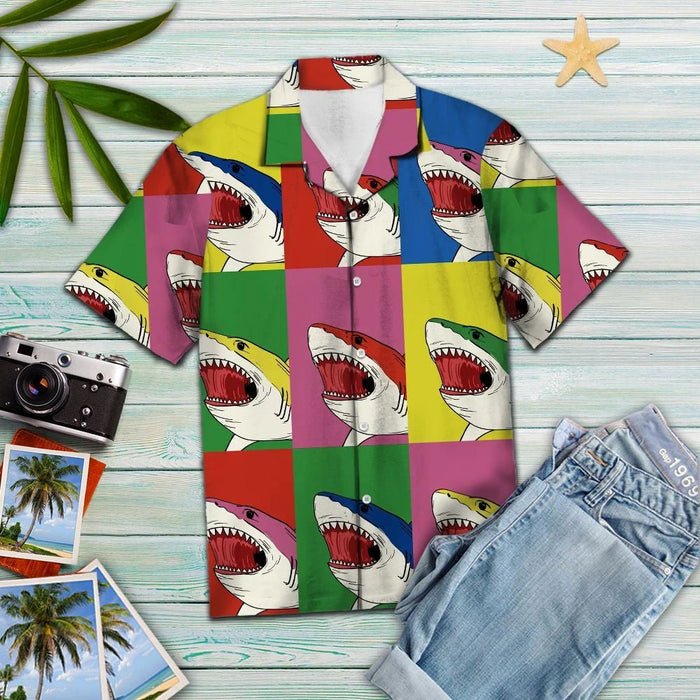 Shark Color Group On Colorful Frame Pattern Hawaiian Shirt, Hawaiian Shirt Gift, Christmas Gift