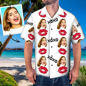 Red Lips Xoxo In White Custom Photo Hawaiian Shirt, Hawaiian Shirt Gift, Christmas Gift