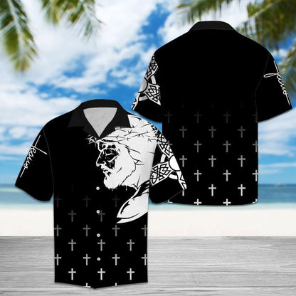 Hawaiian Shirt Black And White Cross Christian, Hawaiian For Gift