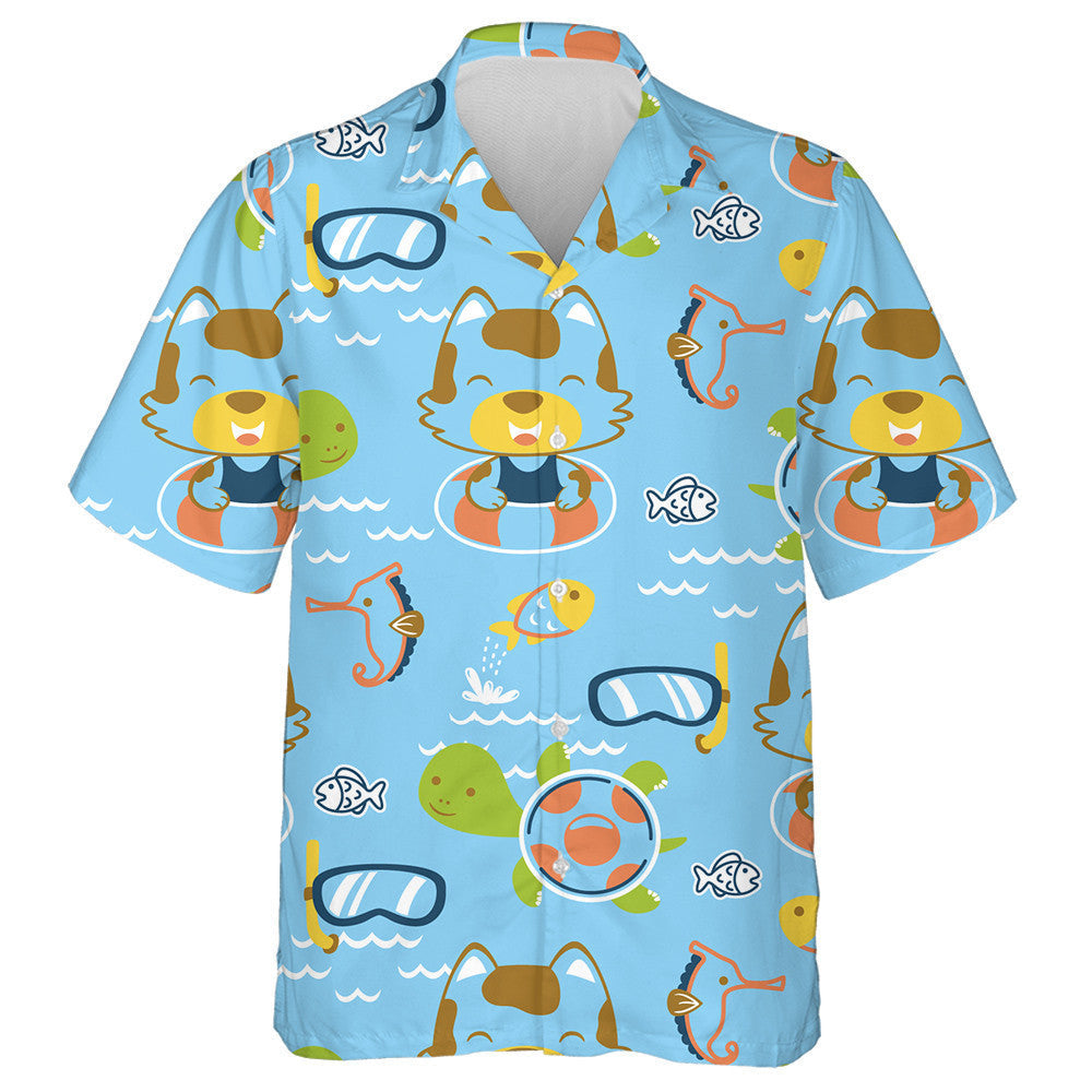 Cute Animals Cartoon Swimming Turtle And Cat Hawaiian Shirt, Hawaiian Shirt Gift, Christmas Gift
