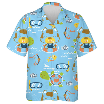 Cute Animals Cartoon Swimming Turtle And Cat Hawaiian Shirt, Hawaiian Shirt Gift, Christmas Gift