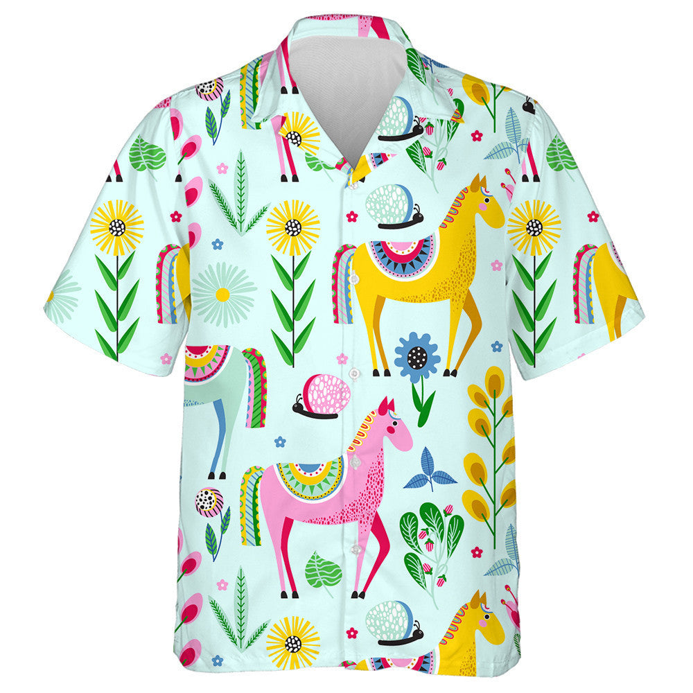 Multicolor Horses And Flowers On A Blue Background Hawaiian Shirt, Hawaiian Shirt Gift, Christmas Gift
