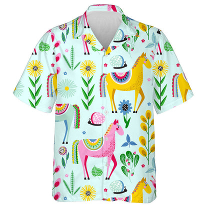 Multicolor Horses And Flowers On A Blue Background Hawaiian Shirt, Hawaiian Shirt Gift, Christmas Gift