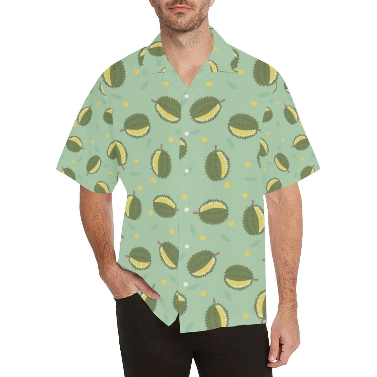 Durian Pattern Green Background Men'S All Over Print Hawaiian Aloha Shirt Hawaiian Shorts Beach Short Sleeve_Hawaiian Shirt Gift, Christmas Gift