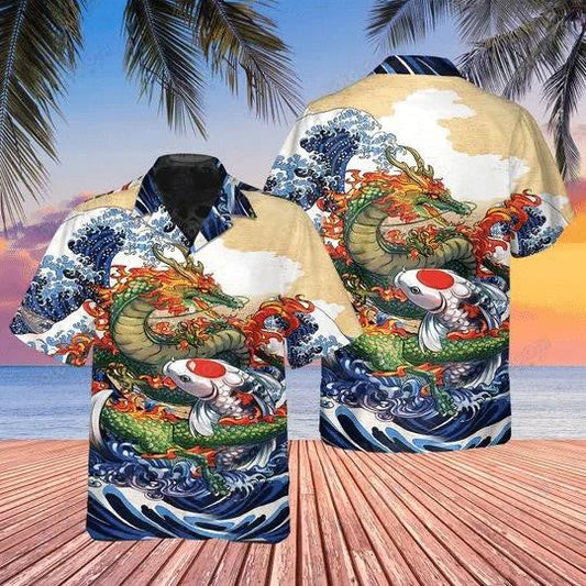 Realistic Art With Dragon And Koi Fish Hawaiian Shirt,Hawaiian Shirt Gift, Christmas Gift
