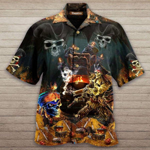 Amazing Pirate Skull Finding Treasure Hawaiian Aloha Shirts Hawaiian Shorts Beach Short Sleeve, Christmas Gift