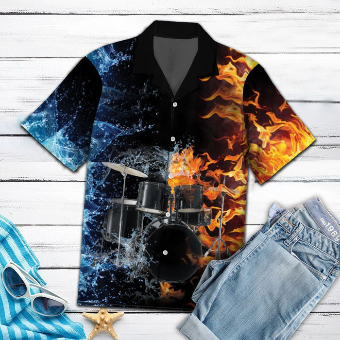 Amazing Drums With Water And Fire Rock Style Themed Hawaiian Shirt, Hawaiian Shirt Gift, Christmas Gift