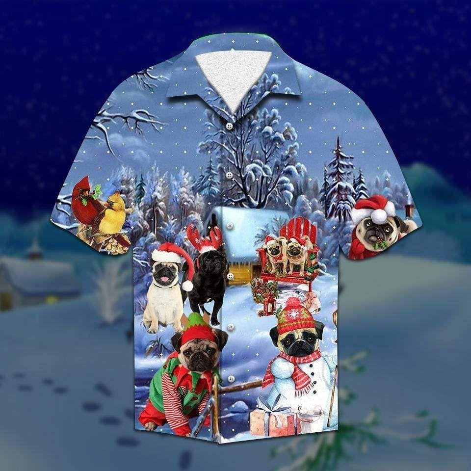 Design Hawaiian Shirt Pugs Through The Snow Christmas,Hawaiian Shirt Gift, Christmas Gift