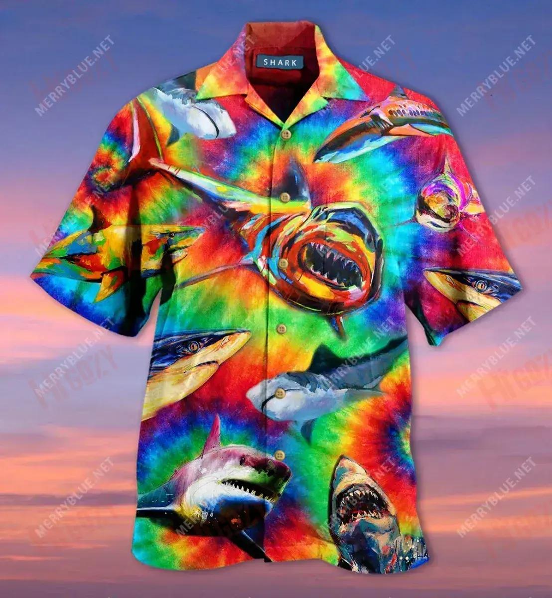 Colorful Sharks Short Hawaiian Shirt Hobbies Short Sleeve Best Hawaiian Shirts Crazy Shirts Hawaii, Hwaiian For Gift