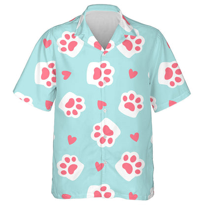 Cute Cat Footprint And Heart Simple Cartoon Hawaiian Shirt, Hawaiian Shirt Gift, Christmas Gift