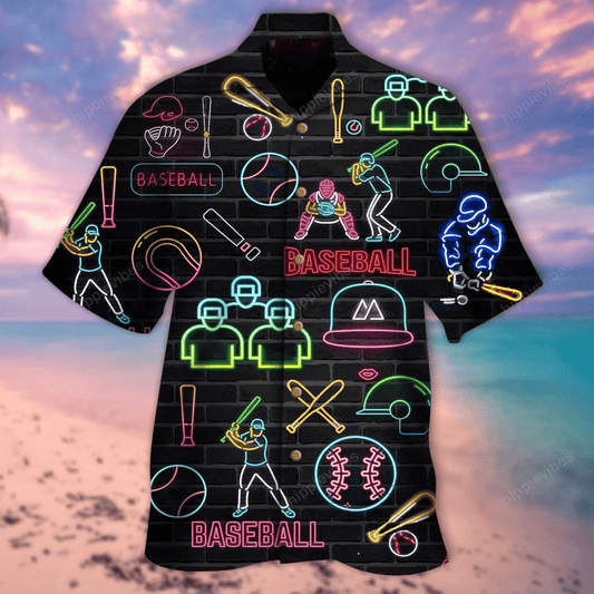 Baseball Neon Color Pattern Black Theme Hawaiian Shirt, Hawaiian Shirt Gift, Christmas Gift
