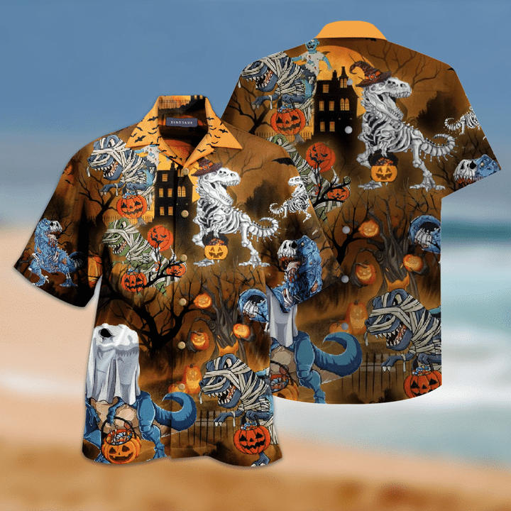 Halloween Dinosaur Crazy Background Design Hawaiian Shirt, Hawaiian For Gift