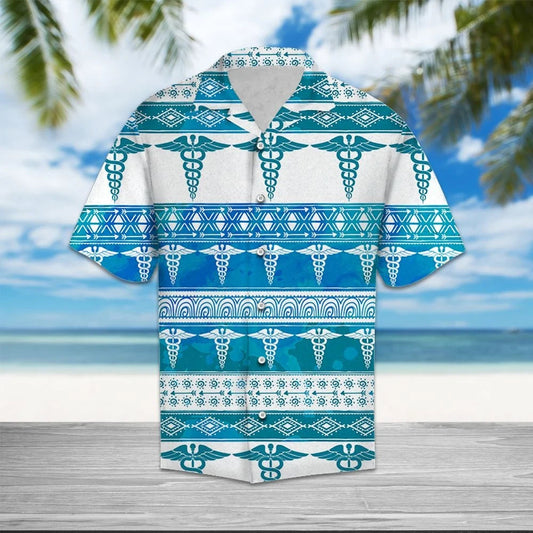 White And Blue Nurse Sign Feather Pattern Hawaiian Shirt, Hawaiian Shirt Gift, Christmas Gift