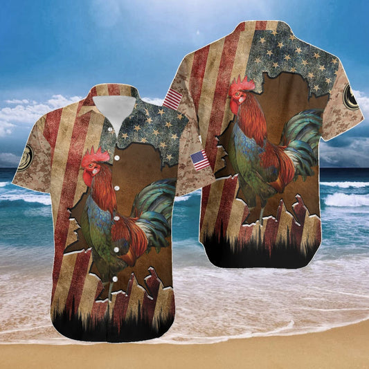 Chicken With American Flag Vintage Style Hawaiian Shirt, Hawaiian For Gift