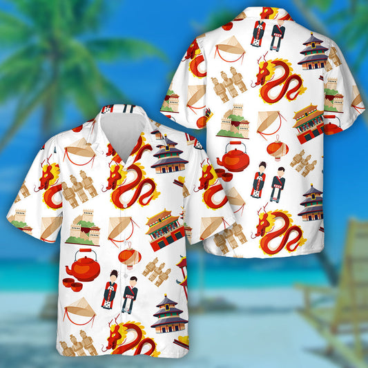 Traditional China Culture Dragon And Building Hawaiian Shirt,Hawaiian Shirt Gift, Christmas Gift
