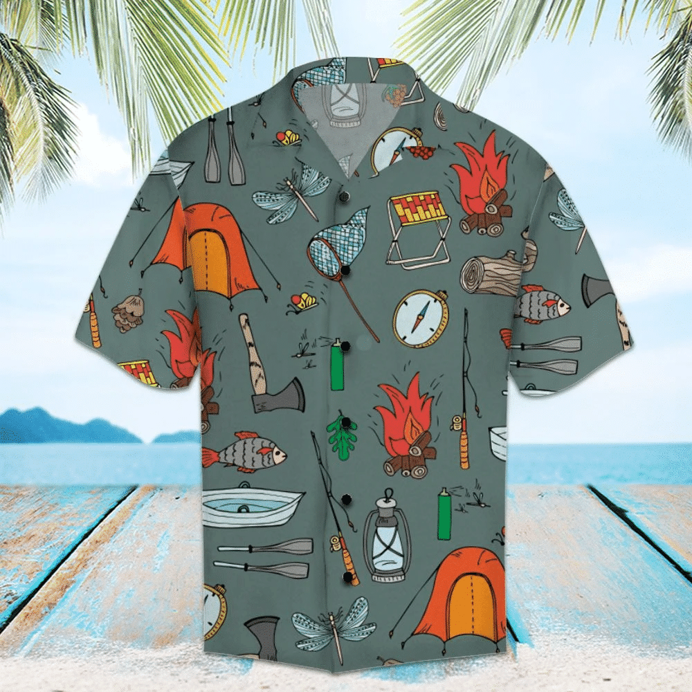 Amazing Camping Pattern Grey Theme Hawaiian Shirt, Hawaiian For Gift
